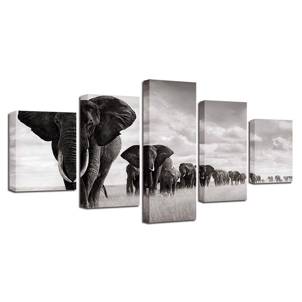 Tableau éléphant 5 panneaux habillage grand mur vide prêt à poser