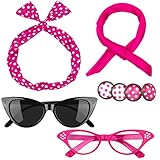 Aneco 6 Pack 50s Set Chiffon Scarf Cat Eye Glasses Bandana Tie Headband Earrings (Hot Pink)