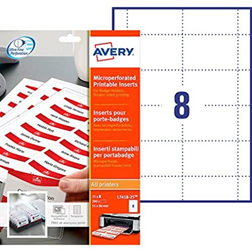 AVERY - Pochette de 200 inserts imprimables pour badges, En carte blanche 190g/m², Format 86 x 55 mm, Impression laser / jet d'encre, (L7418-25)