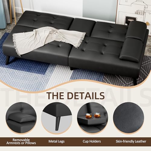 Image of Shintenchi Futon Sofa Bed, Leather Foldable Futon Couch, Reclining Sleeper with Removable Armrests, Upholstered Loveseat Sofa Couch with Folding Cup Holders for Home, Office(Black)