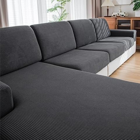 QIANMEW Couch Cushion Covers,Comfort Soft Magic Sofa Covers Washable Stretch Resistant for 3 Chair Cushion Couch Furniture Protectors for Pets Sectional Slipcovers(3-Piece+1 Chaise,Dark Gray) Cover