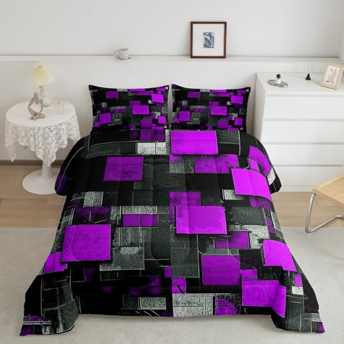 Image of Feelyou Kids Purple Black Comforter Set King Size, Geometric Grid Bedding Set Geometrics Comforter for Kids Boys Girls Abstract Art Duvet Insert Room Decor Microfiber Bed Set