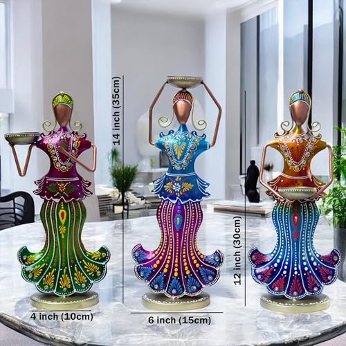 Metal Tealight Candle Holder Dolls Set - Multicolor Home Decor Showpiece Figurines, Tabletop Candle Stand for Living Room, Diwali Gifts, Anniversary Presents (3 Dolls) — photo — 6 of 9