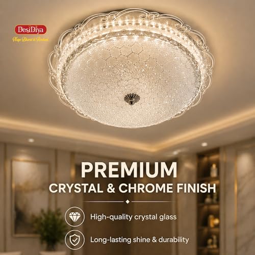 Image of Desidiya LED Modern Round Chandelier for Living Room Ceiling Crystal Ceiling Light Lamp | Jhummar Lighting for Bedroom, Pendant Lighting for Hall, Living & Dining, Multicolour (300MM)