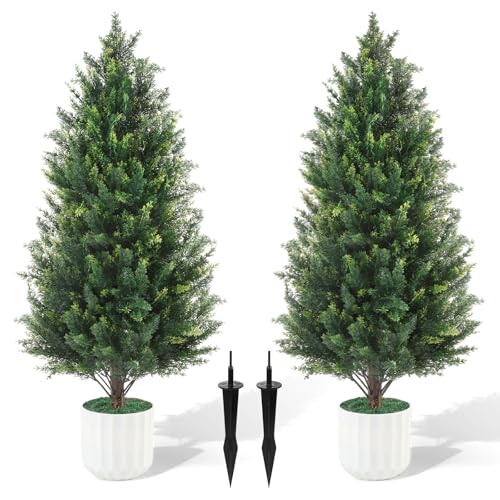 3FT Artificial Cedar Topiary Trees Set of 2 Detachable Planter & Spike,UV Resistant Faux Plants Outdoor and Indoor,Realistic Fake Bushes Pine Tree for Front Porch Decor Patio Offices Living Room