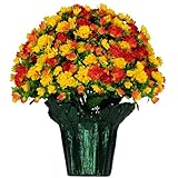 Sympathy Silks Memorial Artificial Flowers Weighted Pot Bouquet Decoration - Height 18'-20' - Artificial Greenery - Fade Resistant - Sunset Orange Mum Potted Silk