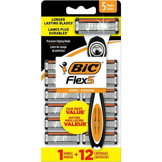 Flex 5 Refillable Razors For Men, Long-Lasting, 5-Blades, 1 Handle And 12 Refills, Pivoting Head And Ergonomic Handle, With Aloe And Vitamin E