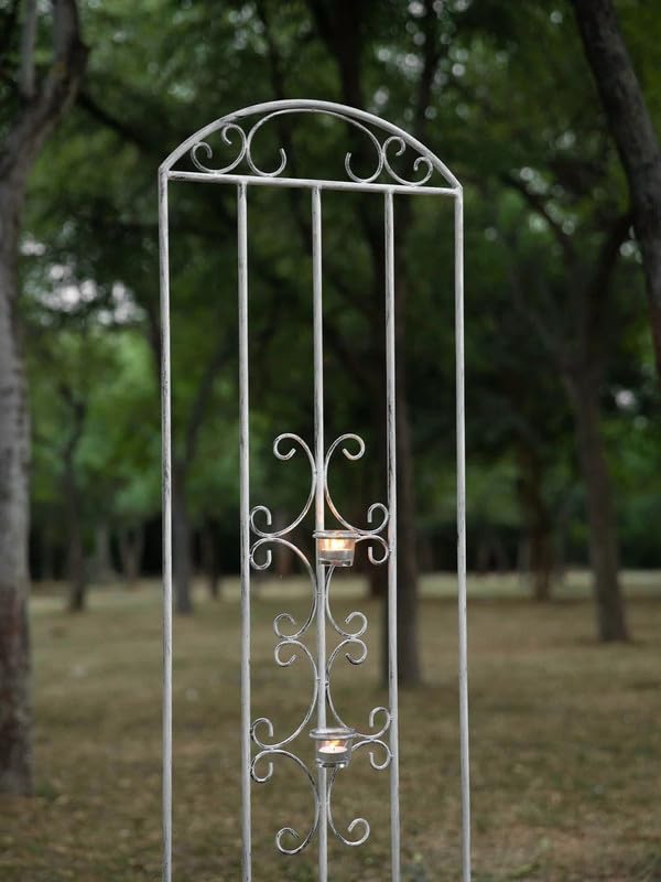 T H & G C The Turkish Trellis | White Decorative Trellis with 2 Candle Holders | Elegant Scrollwork Design for Home and Garden Decor Use | Sturdy Mild Steel Plant Support with Distress Finish