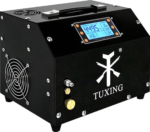 Kompresor powietrza TUXING 4500 Psi PCP, wersja z wyświetlaczem LCD, automatyczne zatrzymanie, bezolejowy/bezwodny, wbudowany transformator/pompa spustowa do karabinów pneumatycznych PCP i wiatrówek