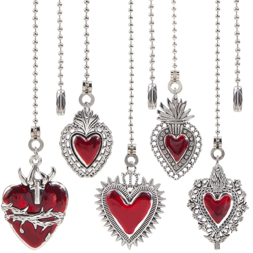 Image of CRASPIRE 10Pcs 5 Styles Heart Ceiling Fan Pull Chain Silver Fan Chains Extensions Metal Alloy Adjustable Gothic Red Hearts Boho Decorative Ball Bead Replacement Hanging Ornament for Lighting Lamp Fans