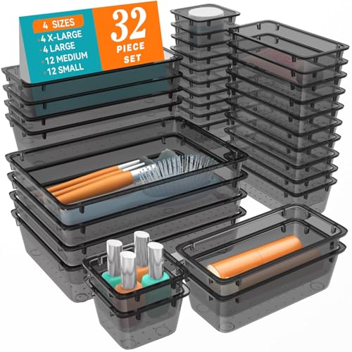 WOWBOX 32 PCS Clear Plastic Drawer Organizer Set, 4 Sizes Desk Drawer Organization and Storage Containers for Makeup, Cosmetics, Jewelry and Gadgets in Kitchen, Bathroom, Bedroom, Office, Clear Black