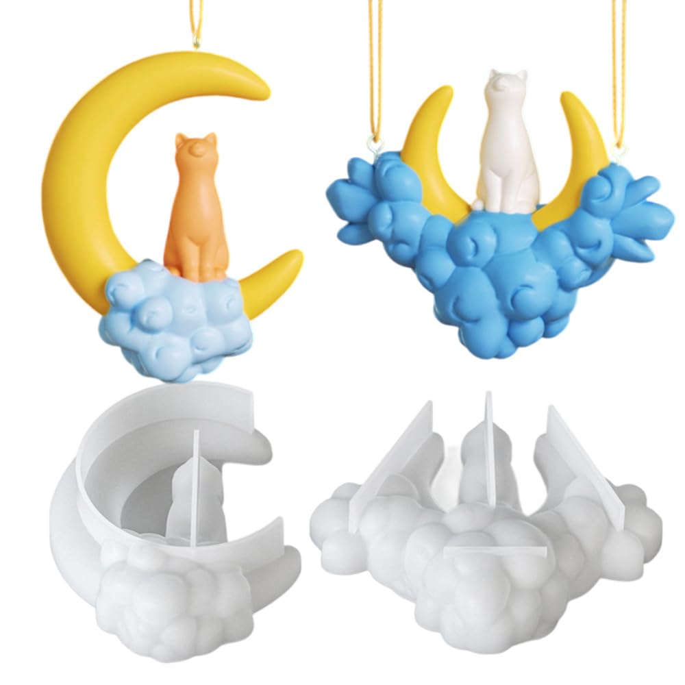 Moon & Angel Candle Mold, Crescent Moon Resin Molds, Cloud & Baby Silicone Mold for Soap DIY Plaster Epoxy Resin Casting Festive Days Handmade Gifts Home Decor (2 Pack Moon& Cats)