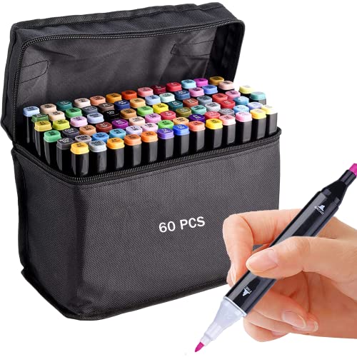 Juego de 60 Colores Rotuladores Doble Punta con una Base de Almacenamiento Fija + 2 Libro de Imágenes de Garabatos para Niños Adultos Colorear Pintura Ilustración Escritura (60pcs Multicolor) Cover