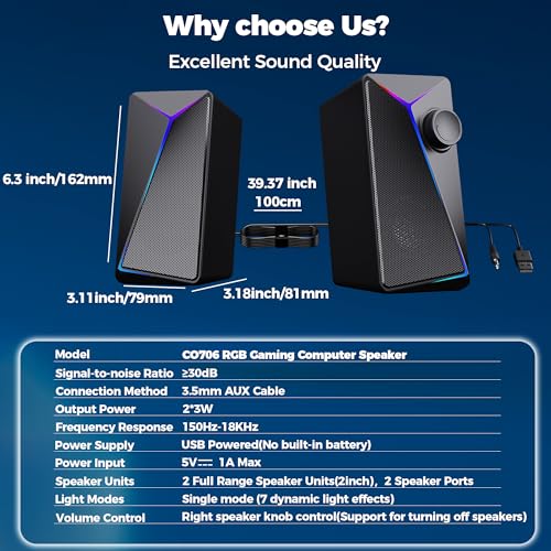 Image of ROSON Computer Speakers, Gaming PC Speakers with Enhanced Bass and Volume Control, Stereo 2.0 USB Powered 3.5mm Aux Multimedia Speakers for Laptop /Desktop /Tablets /Phone