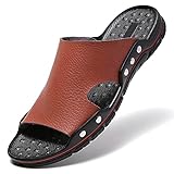 JINDELI Men's Summer Brown Sandals Leather Slide Sandals Open Toe Beach Slippers Shoes Comfort Slip On Shoes Size 10