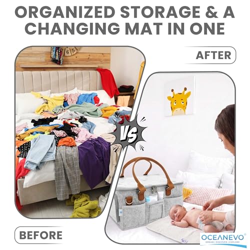 Image of OCEANEVO Cute Diaper Caddy Organizer Bag WITH Lid, Changing Mat & Luggage Tag | New Born Baby Essentials Storage Basket with Compartments and Removable Shoulder Strap | 40 x 27 x 19 Cm - Grey
