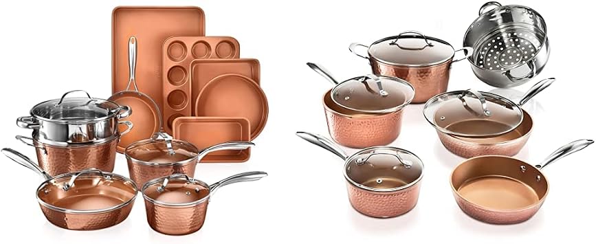 Gotham Steel Hammered Copper Collection 15 Piece Premium Cookware & Bakeware Set & Hammered Collection Pots and Pans 10 Piece Premium Ceramic Cookware Set