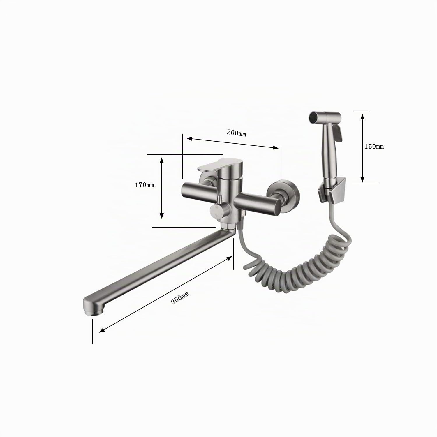 HomeLava Grifo Cocina Pared con Ducha, Grifo para Fregadero de Agua Caliente y Fría, Níquel Cepillado, Grifo de Cocina de Dos Modos Giratorio de 360°, Longitud de Caño 35 cm