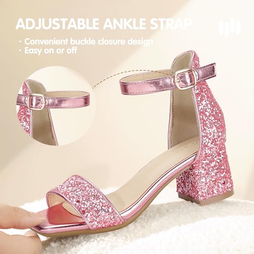 Image of Hehainom Girls Dress Shoes Heels Sandals Little Big Kids Square-Toe Ankle Strap Wedding Party Flower Girls Shoes