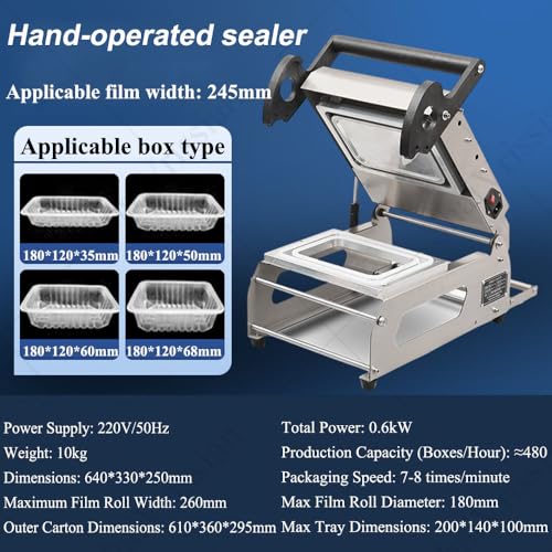 Máquina de sellado térmico, envasado semiautomático de alimentos con rollo de película, acero inoxidable, sellado eficiente para cajas de comida para llevar y bandejas de carne