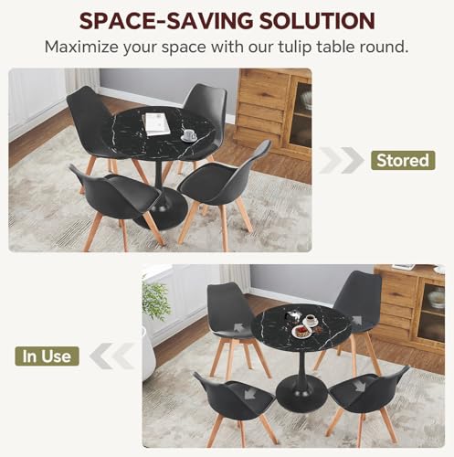 Image of Round Dining Table 31.5 inch Faux Marble Black Tulip Table with Pedestal Base for 2-4 People Small Space - Kitchen Living Room Cafe