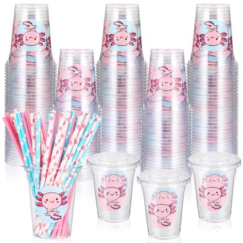 Image of Sliner 120 Sets Axolotl Birthday Party Supplies Bulk Plastic Cup with Lids and Straws Clear Plastic Cups 12oz Disposable Cups Animals Party Decorations for Kids Axolotl Goodie Bags Stuffers