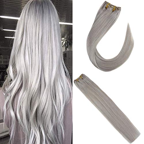 JoYoung 18inch Full Head Clip Hair Extensions Grey Human Hair Double Weft Hair Extensions Clip in Human Hair 7pcs 120gram