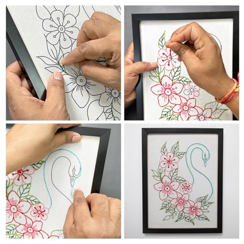 Image of picknMAKE Hand Cross Stitch Embroidery Kits for Beginners Adults with Cloth Fabric, Framed White Swan Pattern to do Embroidery with Instruction and All Material Included