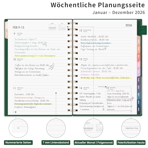 RETTACY Kalender 2026 - Terminplaner 2026 Notizbuch A5, Wochenplaner für Schule, Studium & Arbeit - Jan-Dec 2026 - Dunkelgrün – Bild 5
