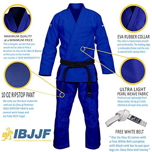 Brazilian Jiu Jitsu Gi BJJ Gi for Men & Women Uniform Kimonos Ultra Light, Preshrunk, Free White Belt!!! (Blue, A4)