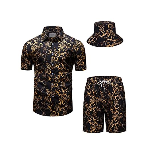 fohemr Mens Luxury Outfit Set Black Gold Shirts and Shorts 2 Piece Chain Print Set Baroque Button Down Suit with Bucket Hats Medium