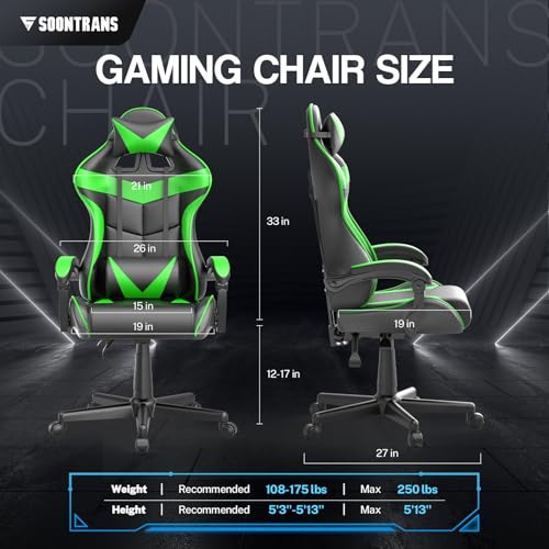 image for Soontrans Green Gaming Chair with Massage,Racing Gamer Chair for Teens