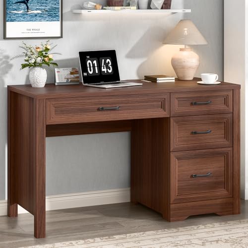 Image of Vabches Farmhouse Executive Desk with Storage and Ample File Drawer, Rustic Large Home Writing Desk for Bedroom, Walnut