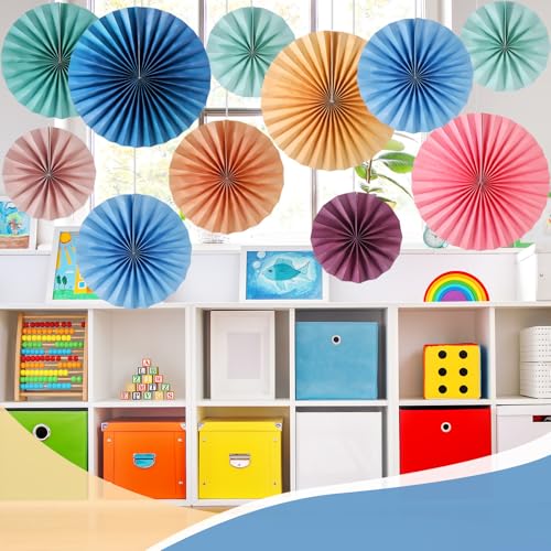 Image of 18 Pcs Hanging Paper Fans Decor Back to School Paper Fans Round Garlands Bulletin Board Classroom Decorations for Party Supplies Classroom Decor(Retro Boho)