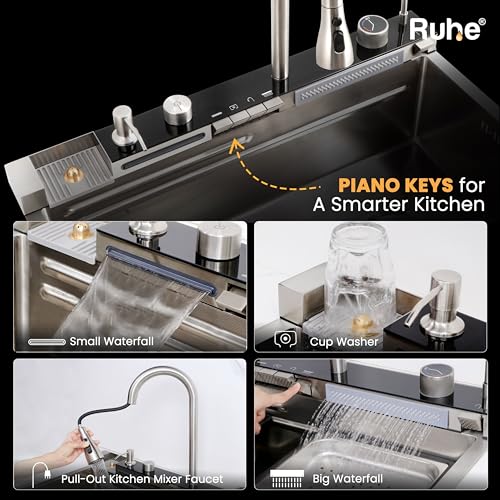 Image of Ruhe Piano Silver Smart Waterfall Kitchen Sink | 30x18x9 inches | Digital Display, Pull-Out Faucet & RO Tap | 304-Grade Stainless Steel Single Bowl Sink | Automatic Cup Washer | Multi-Functional Sink