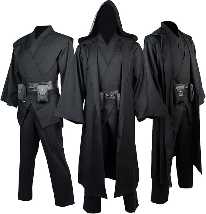 Tunic Costume Adult Men Tunic Robe Cosplay Halloween Costume Hooded Uniform Full Set Cloak Outfit (Black Large)