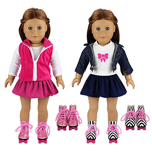 BARWA 2 Sets Doll Clothes and 2 Pairs Ice Skates Boots Shoes Fashion Autumn Clothing Dress Sets Compatible for 18 Inch Doll Xmas Gift