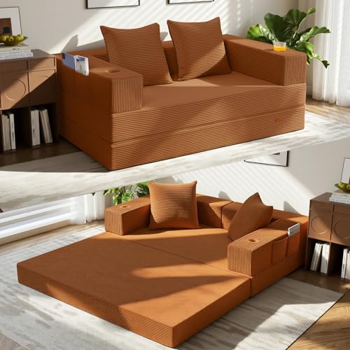 Image of COMAX Futon Sofa Bed, Convertible Sofa Bed, Folding Boneless Couches | Boneless Couch for living room, Fold Out Small Foldable Loveseat Floor Sleeper Mattress Lounge Space‑Saving, Orange