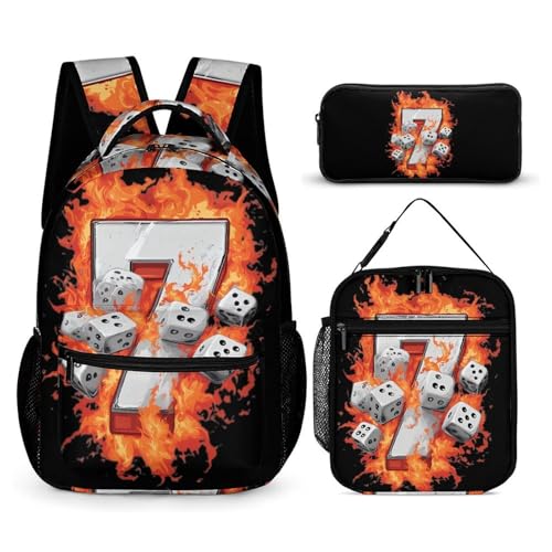 Lucky Nnumber 7 with Dice Printed Backpack with Lunch Box Bag Pencil Case Pouch 3pcs Daypack Set for Women Men