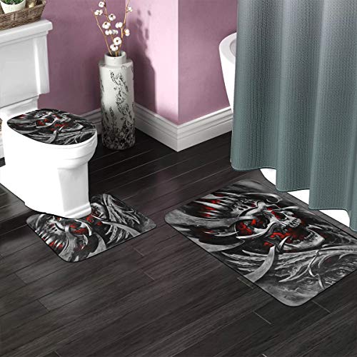LAOLUCKY Totenkopf Tattoo Revenge Fierce Faced Badezimmer Teppich Matten Set 3 Stück Memory Foam Weich Flanell Dusche… – Bild 3