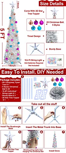 5 Ft Lighted Bling Christmas Pencil Tree With Timer 25 Ball Ornament 50 Color Lights 3D Star Battery Operated,Glitter Tinsel Pop Up Slim Christmas Tree Decoration Indoor Outdoor Home (Silver) #TOP1