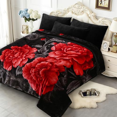 Image of JYK Soft Blanket Korean Mink Blanket, 5.7 LB Fleece Blanket King 83'' x 91'' - 2 Ply Reversible 520GSM Super Soft Plush, Medium Thick, Warm Bed Blanket for Autumn Winter - Peony /Rose