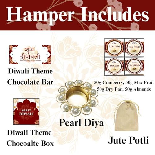 Image of Expelite Special Diwali Dry Fruits Gift Box | 50g Almonds, Cranberry, Dry Pan, 50g Mix Fruit, Jute Potli, Chocolates Bar, Pearl Diya and 4 Pcs Chocolate Box |Diwali Chocolates Hamper in 700