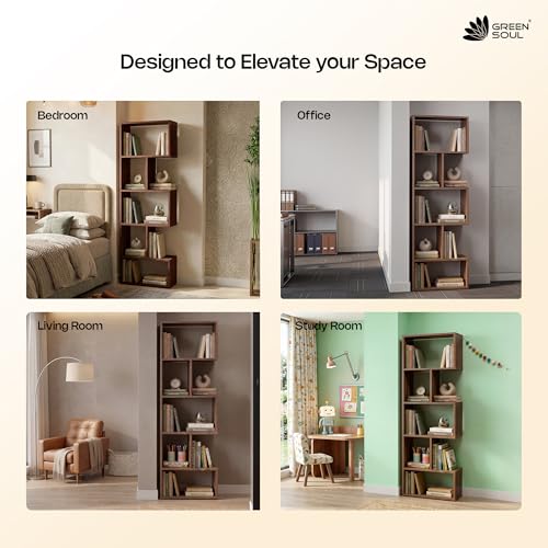 Image of Green Soul Avenor 5 Shelves Engineered Wood Book Shelf | Multipurpose Wooden Bookshelf for Home, Bedroom, Living Room, Study Room, Kids Room | Organizer | Storage | 3 Year Warranty (Rolex Brown)