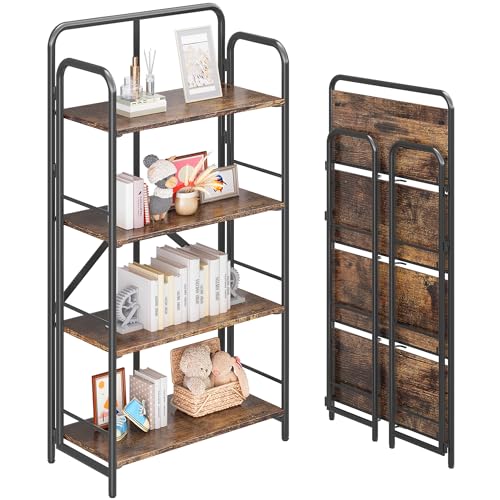 Image of 4NM No Assembly Folding Bookshelf, 4 Tiers Collapsible Book Shelves Open Industrial Foldable Storage Bookcase Shelf for Bedroom, Living Room, Home Office - Rustic Brown and Black