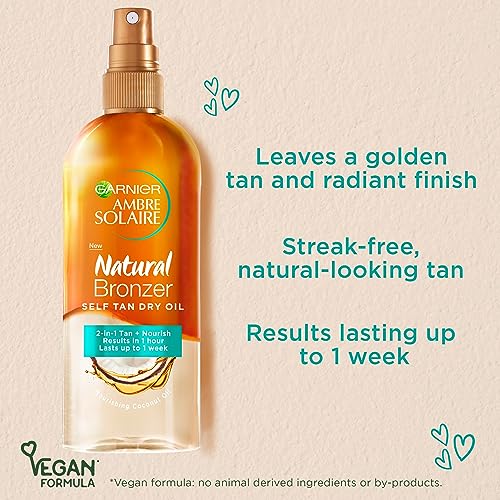 Garnier Ambre Solaire Natural Bronzer Self Tan Dry Oil 150ml,2-in-1 Oil Enriched With Coconut Oil,Nourishes Skin & Leaves A Luminous Fake Tan,Natural Streak-Free Result,Lasts Upto 1 week,Vegan Formula - Image 3