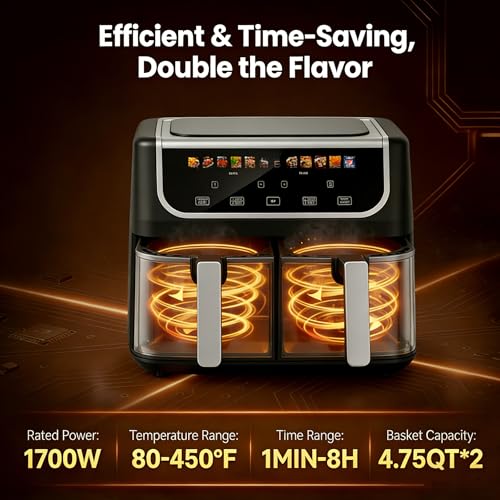 Image of HealSmart 9.5Qt Dual Basket Air Fryer, 10-in-1 Smart Air Fryer with 1700W, Independent Temperature Control, Sync Cook & Shake Reminder, Nonstick Air Fryer Oven for Family Meals, Black