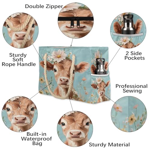Cow Large Tote Beach Bags for Women with Zipper Bull Waterproof Sandproof Gym Swim Pool Grocery Travel Bag3
