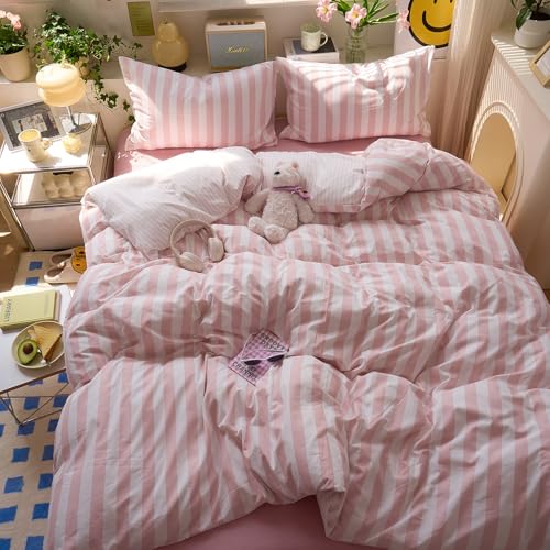MOTNTD Peach Pink Striped Duvet Cover Twin Size Boho