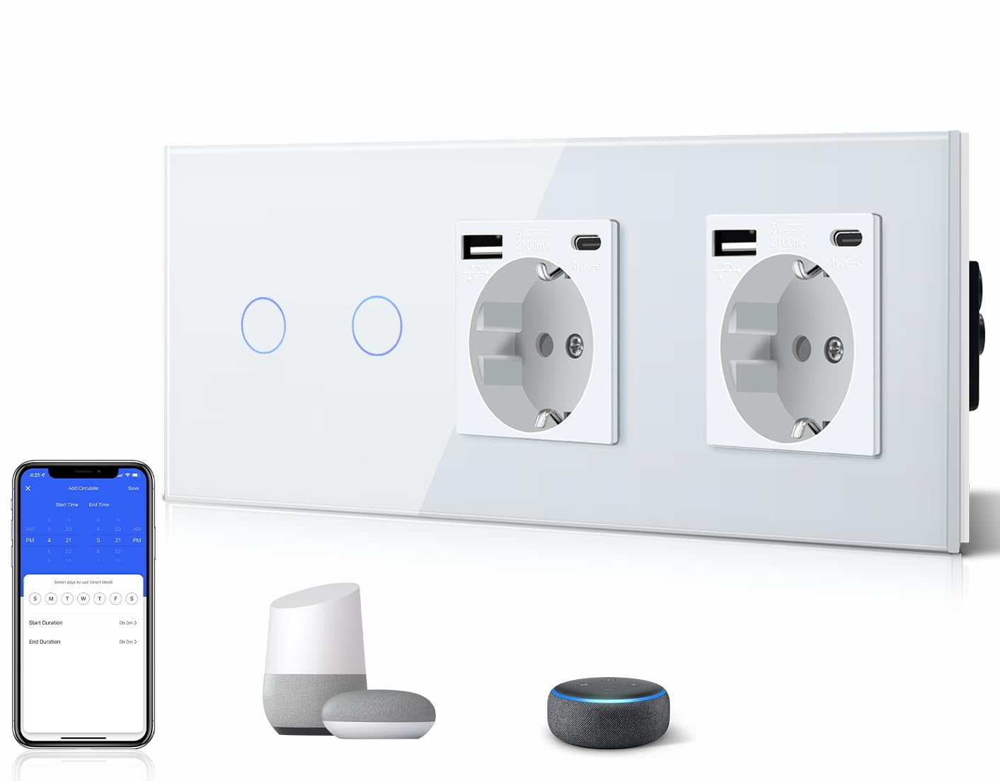 BSEED BSEED 2 Gang 1 Vía Interruptor de Luz Táctil Inteligente WIFI con Doble Schuko Tipo C y USB Enchufe Estándar, Compatible con Alexa/Tuya/Smart Life (Requiere Cable Neutro) Blanco